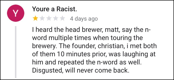 Tennessee Brew Works sues over an anonymous review that was deleted, accusing employee & founder of using ‘N-word’